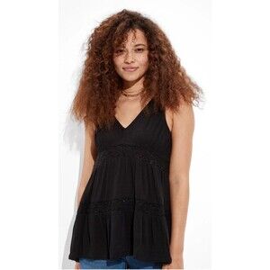 NWT AE Flowy Lace Tunic Tank Top Women’s Large Black V-Neck Lightweight Boho